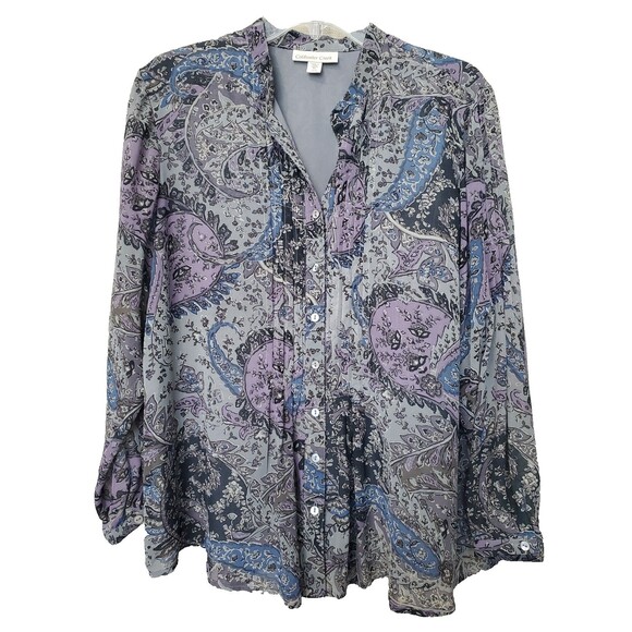 Coldwater Creek Gray & Purple Paisley Pintucked Lined Button-Up Blouse Size PL - Picture 1 of 6